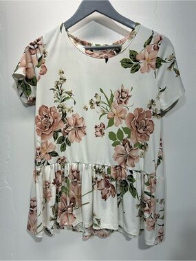 Floral Peplum Short Sleeve Tunic - White with Blush Floral
